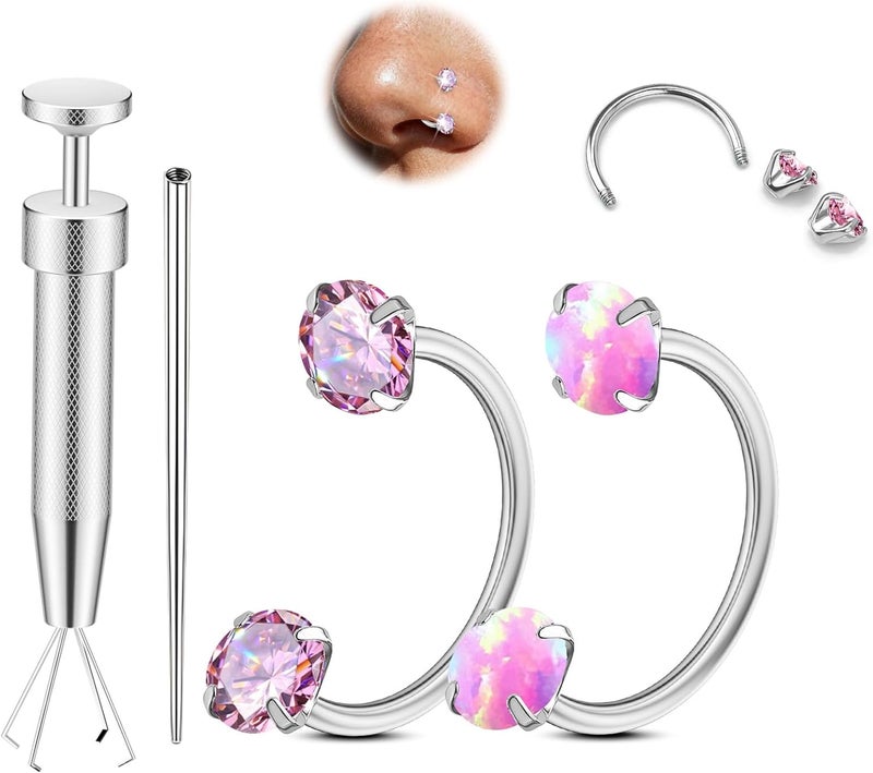 AMASIS Opal Nose Ring Studs Horseshoe Nose Rings Hoops Stud 316L Stainless Steel Nose Rings Round CZ Square Screw L Shaped Nose Stud Hypoallergenic Nostril Piercing Jewelry for Women Men - Image 1